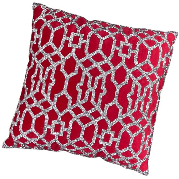 Sparkles Home 16"x16" Red Velvet Silver Embellished Lattice Square Throw Pillow‎ - Picture 1 of 4